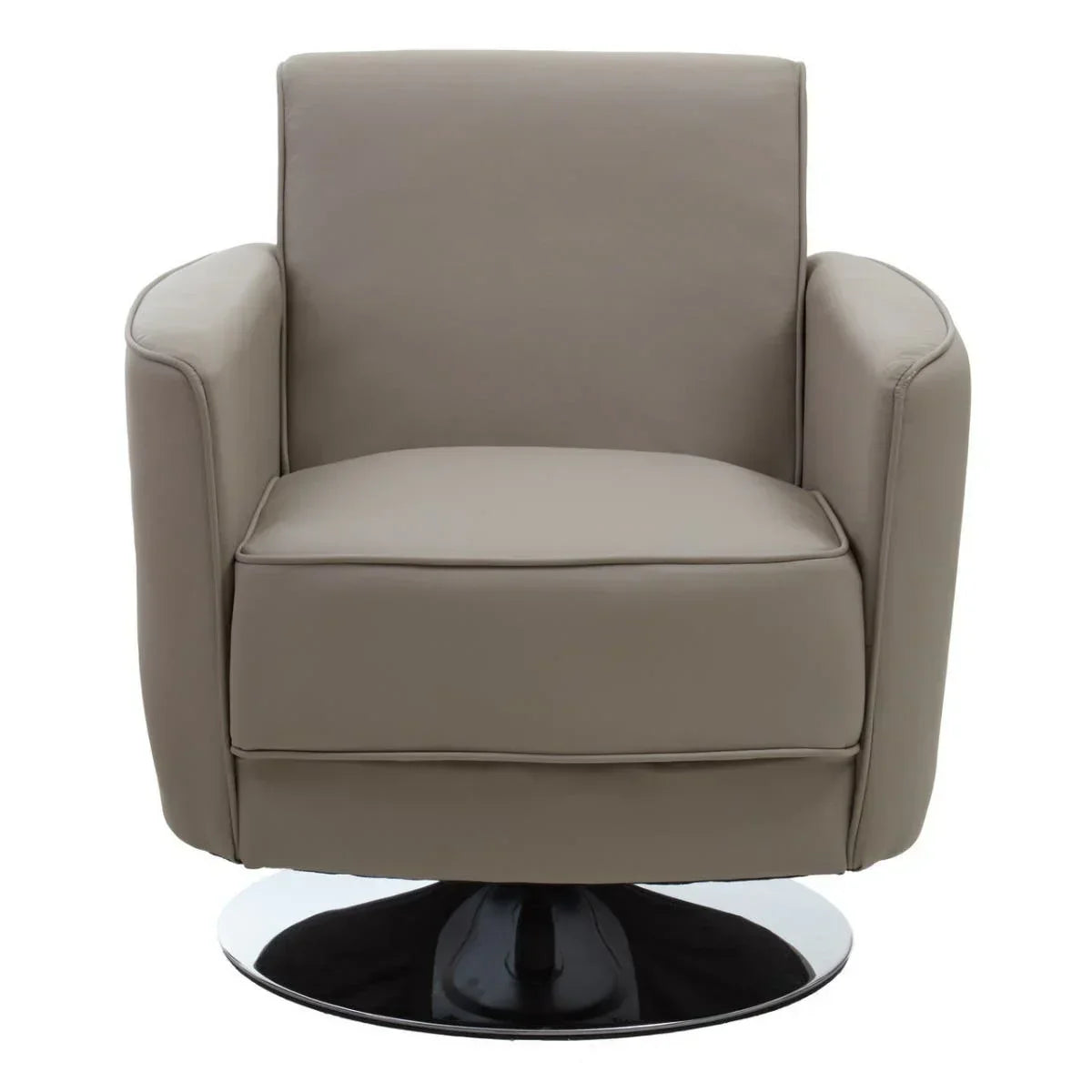 Taupe swivel armchair with cushioned seat and chrome round base on white background