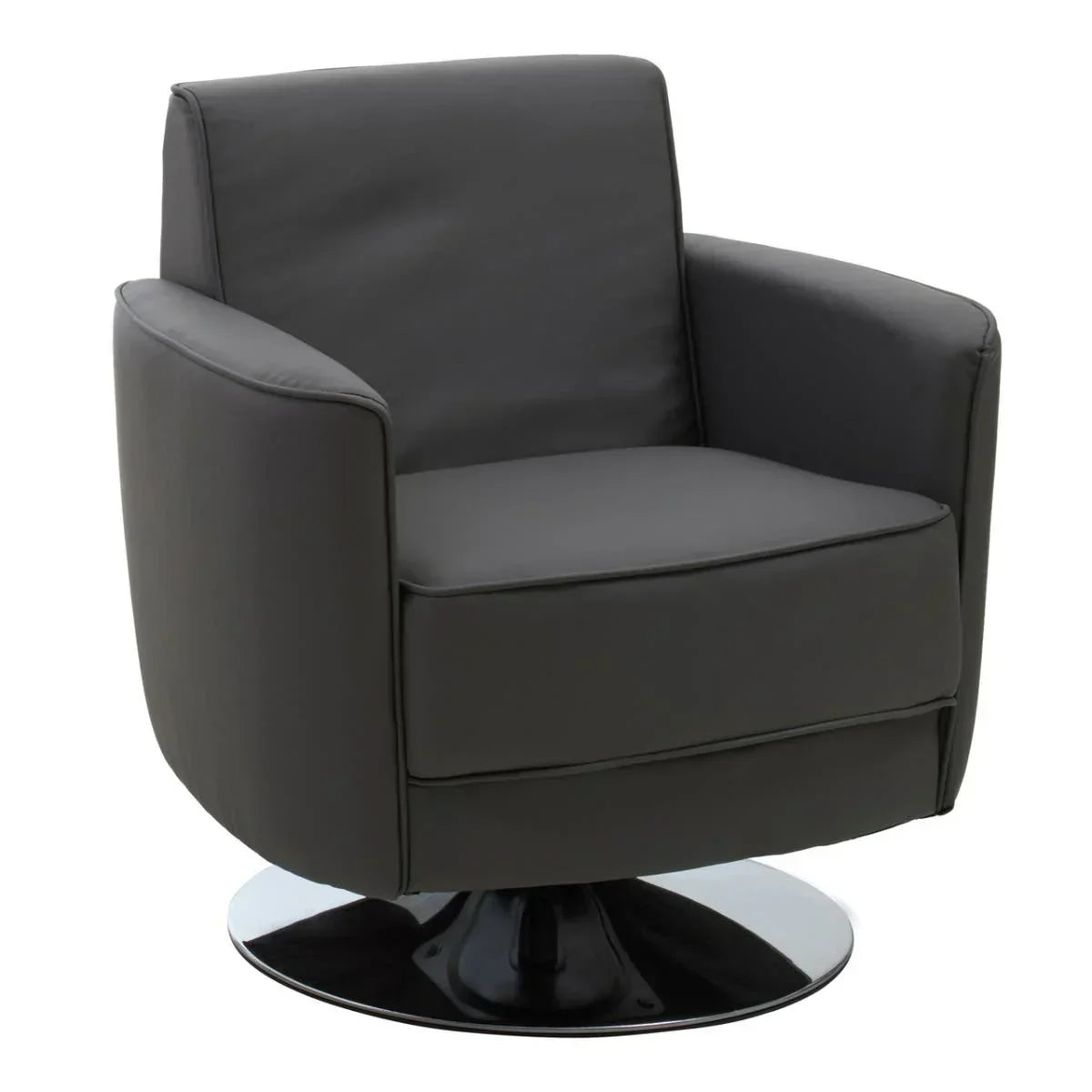 Modern black swivel armchair with padded seat and chrome circular base