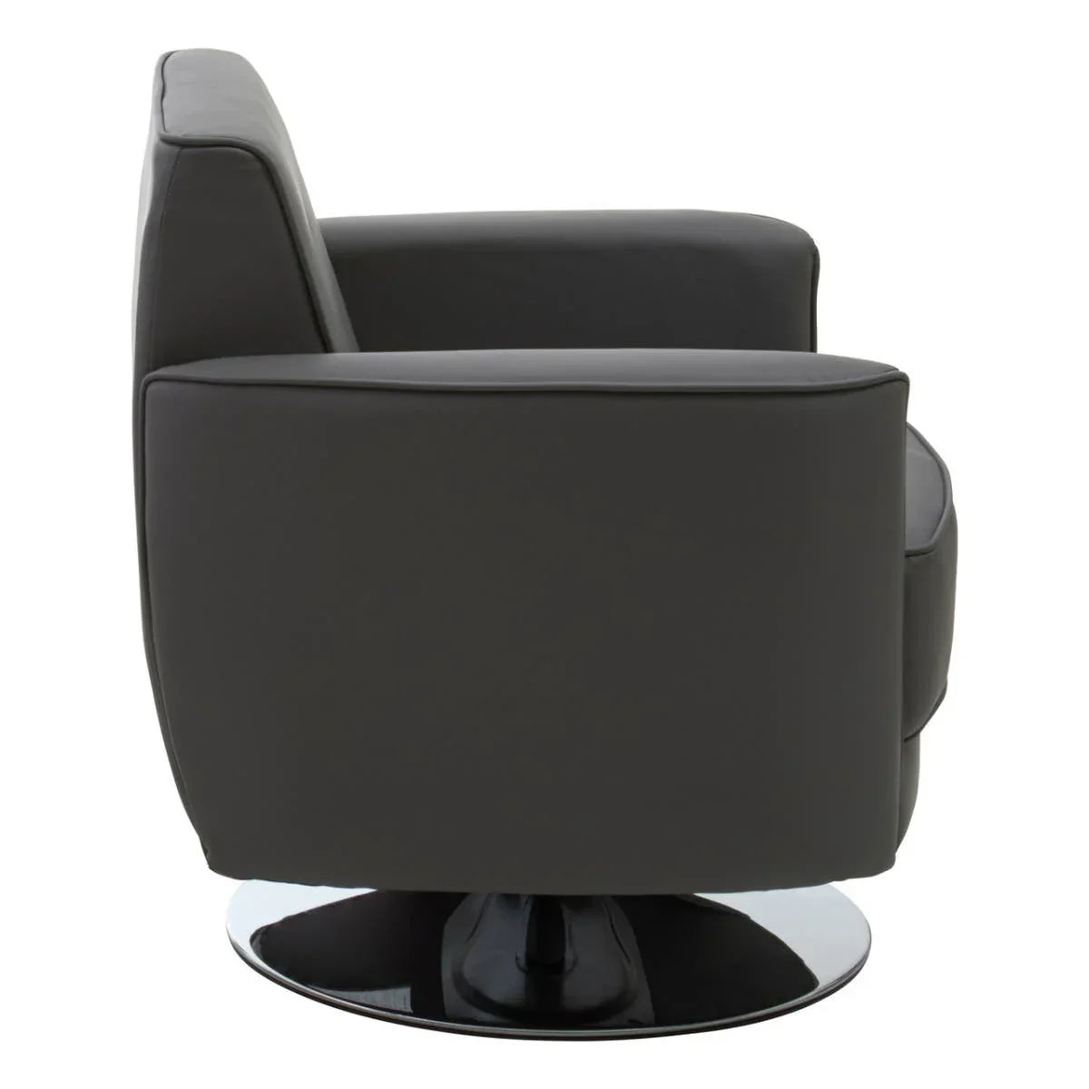Black swivel armchair with chrome circular base, side view