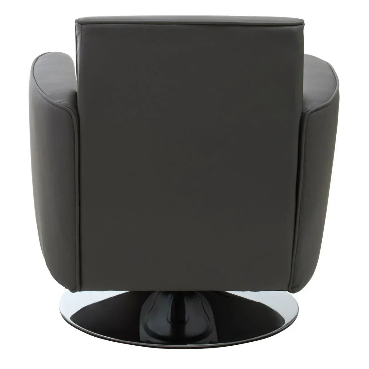 Back view of dark grey swivel armchair with chrome circular base