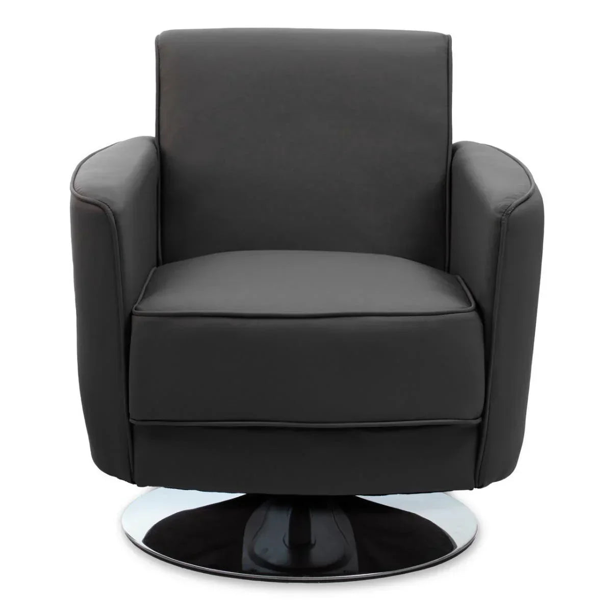 Black swivel armchair with plush cushion and chrome circular base, front view