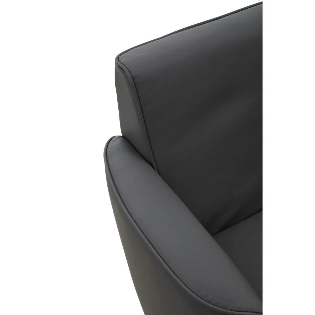 Close-up of black leather sofa arm and backrest
