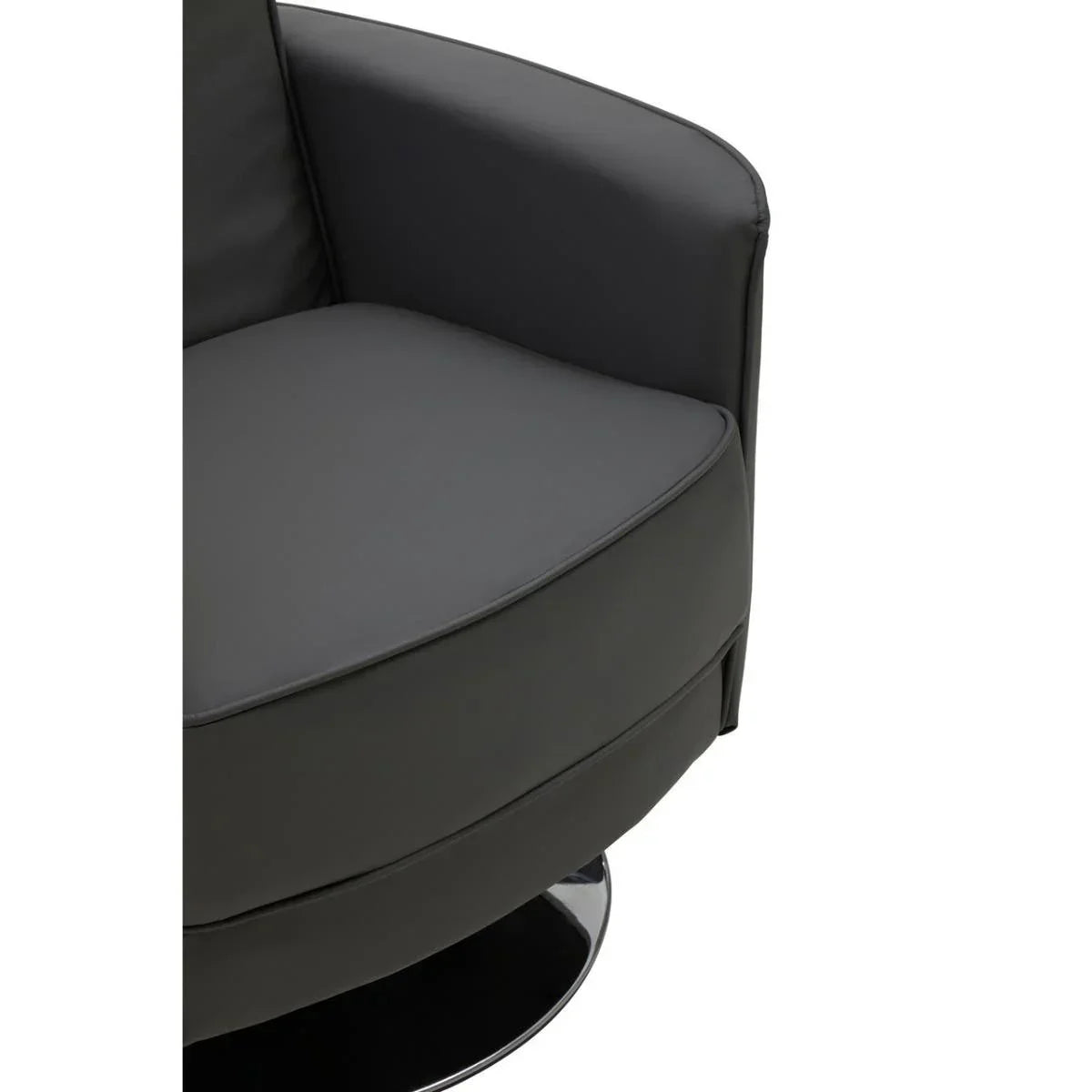Close up of black swivel chair seat with padded cushion and curved armrest