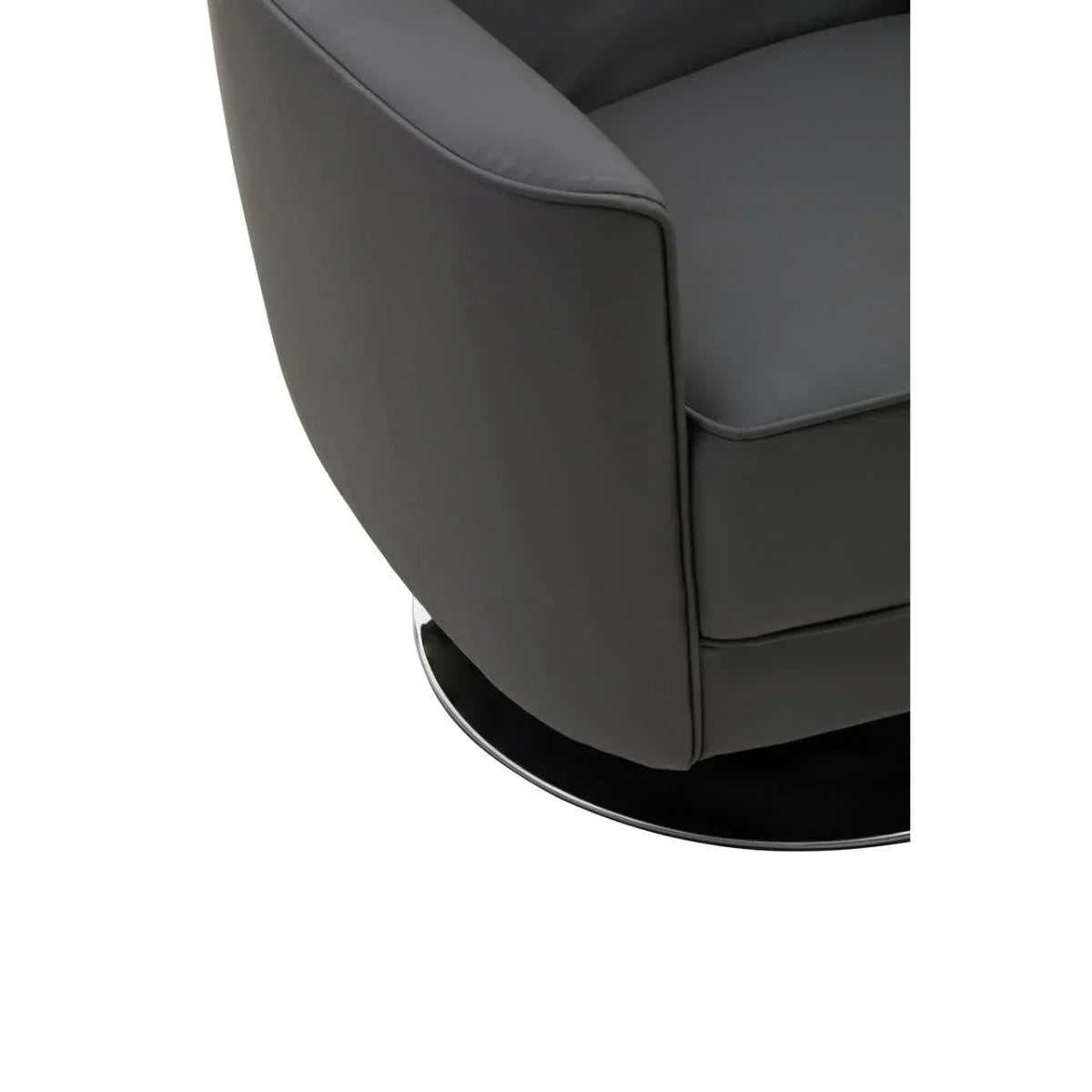 Close-up of dark grey swivel armchair with smooth upholstery and chrome circular base