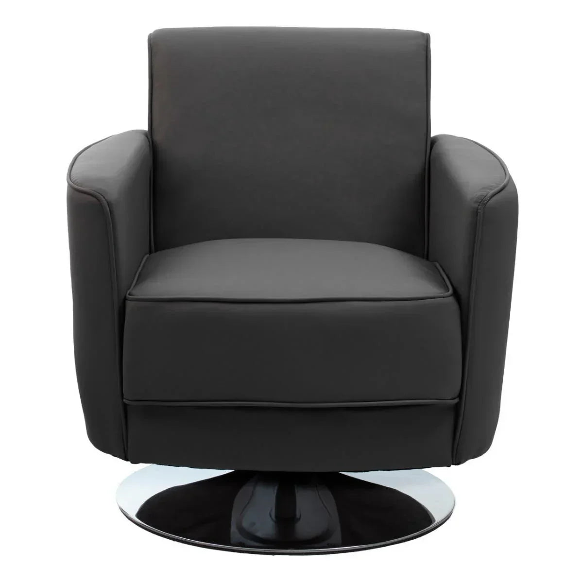 Black swivel armchair with cushioned seat and chrome base, front view