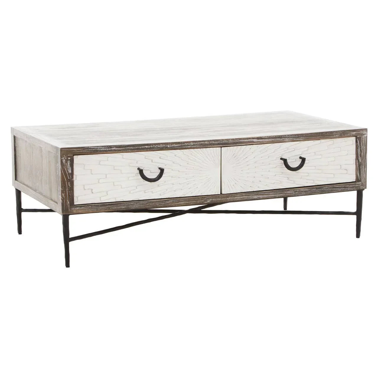 Rectangular wooden coffee table with two white drawers and black metal legs