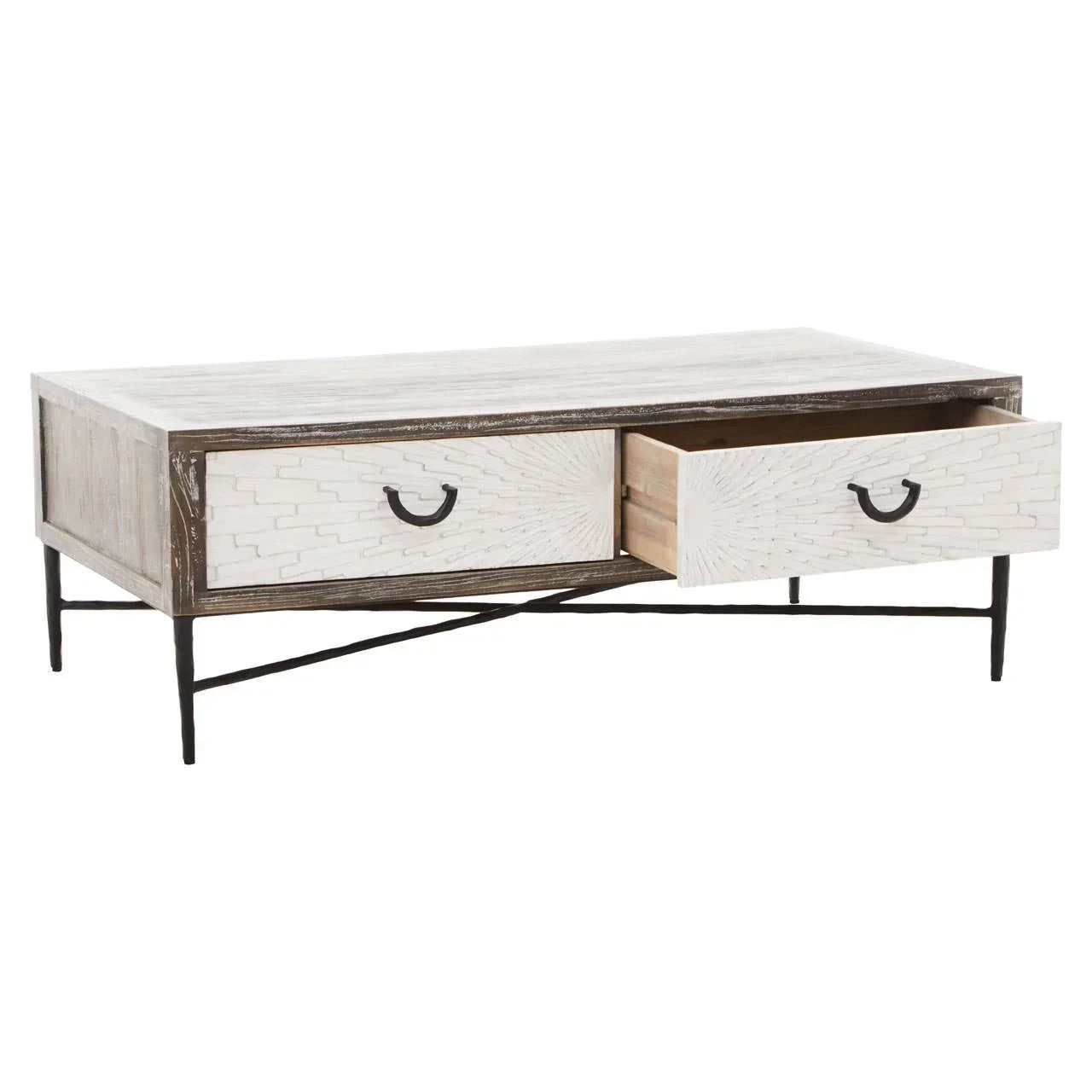 Wood coffee table with white geometric drawers and black metal legs, one drawer open