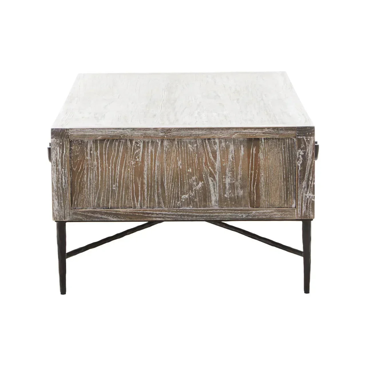 Rustic wood coffee table with whitewashed finish and black metal legs, front view