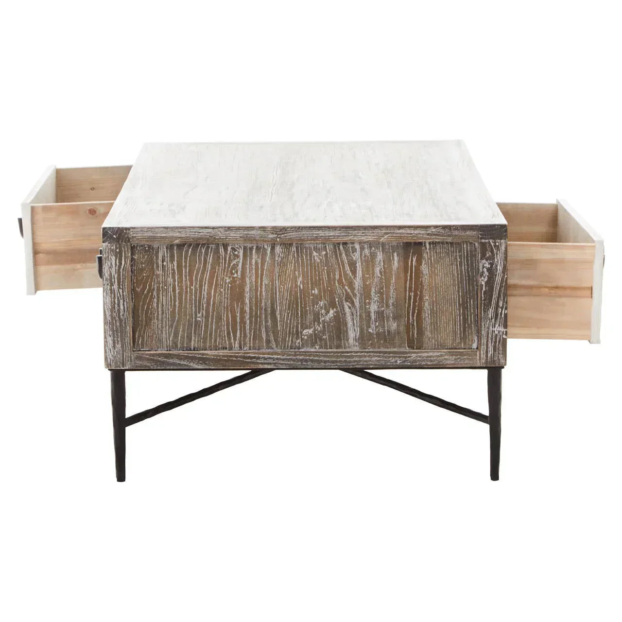 Rustic wood coffee table with two open side drawers and metal legs