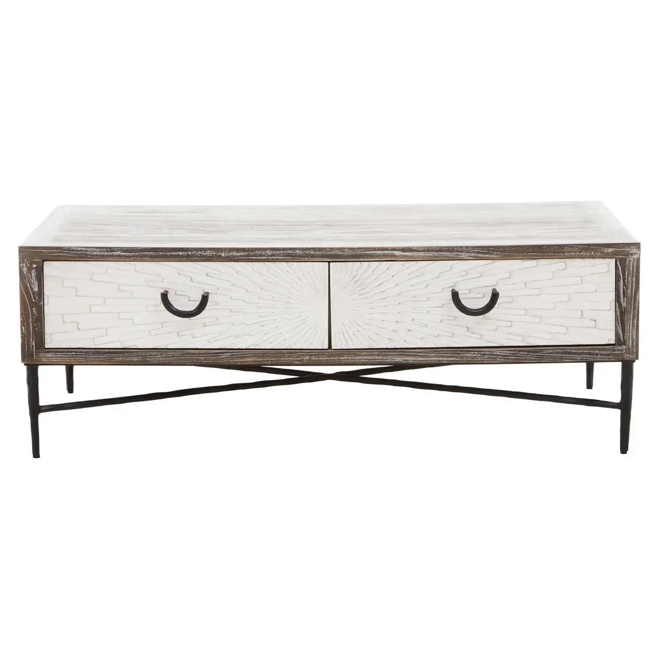 Rectangular wooden coffee table with two white carved drawers and black metal legs