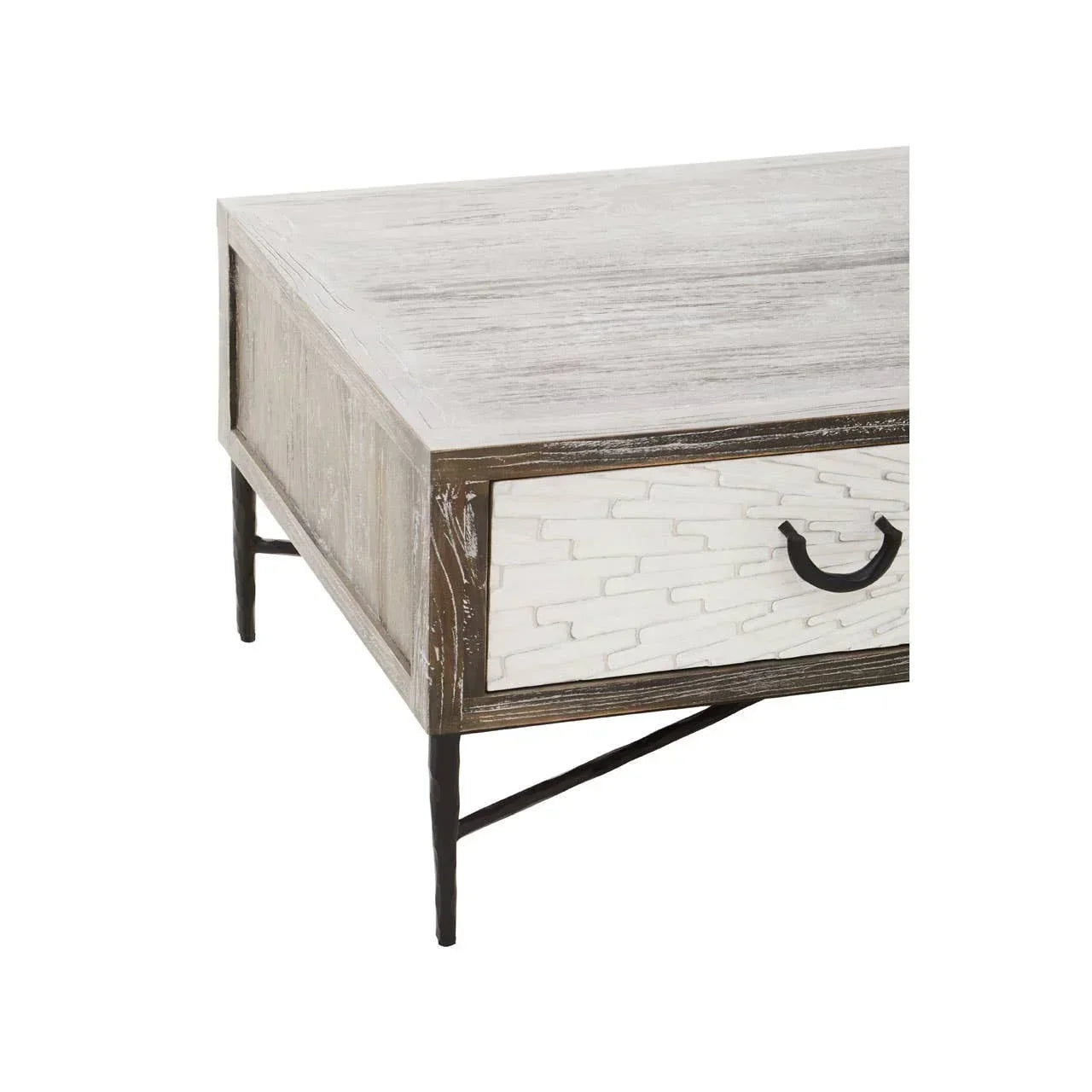 Rustic wood coffee table with whitewashed top, black metal legs, and textured drawer front