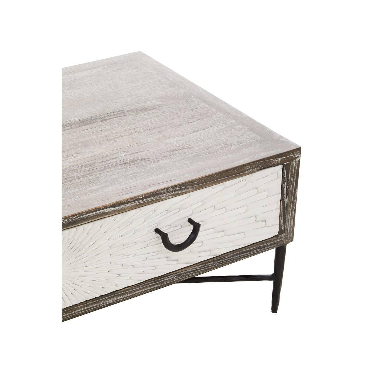 Light wood coffee table with white textured drawer and black metal handle, front corner view
