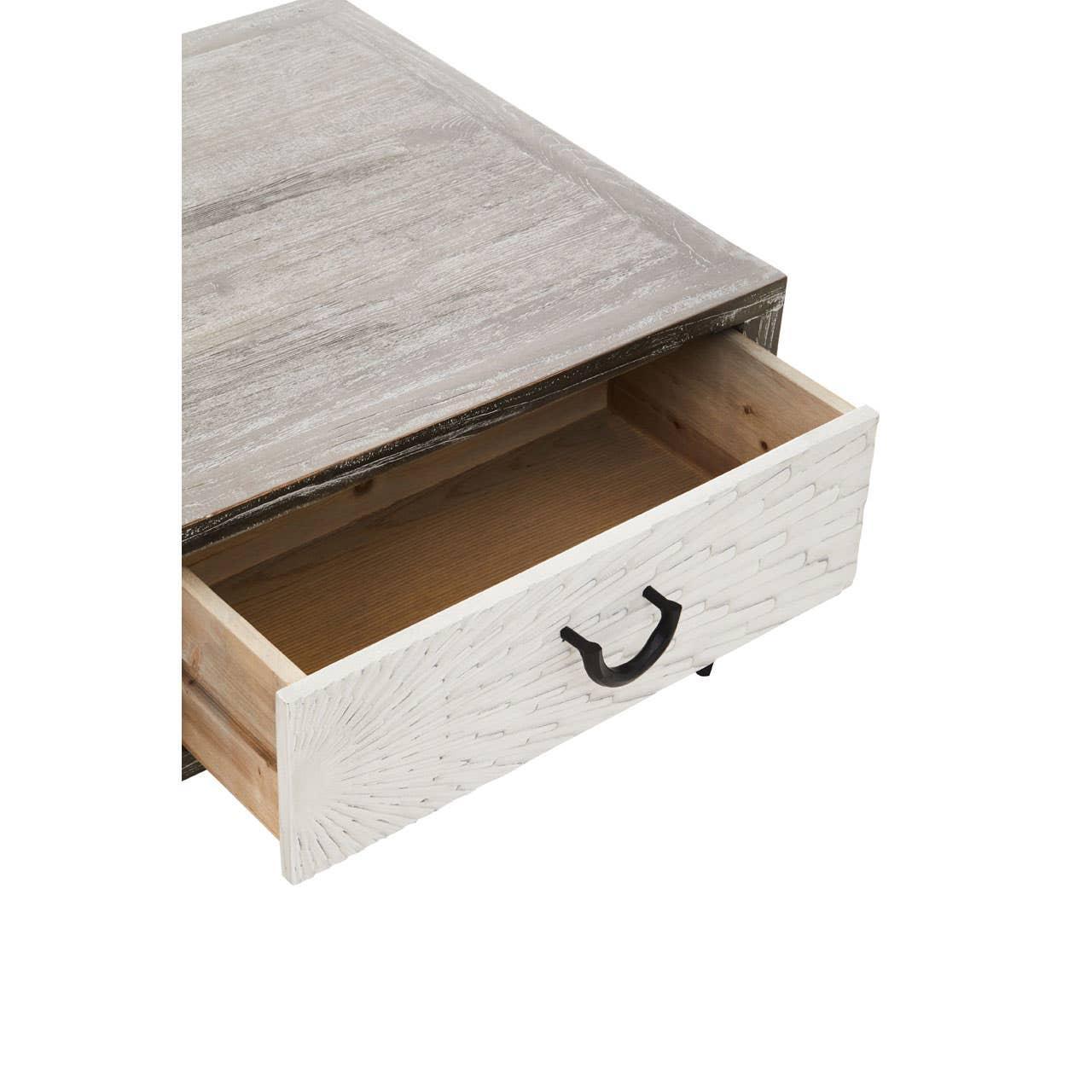 Rustic wood coffee table with textured white front drawer and black metal handle