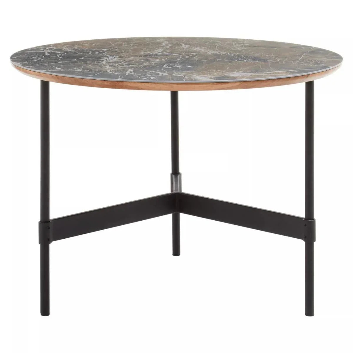 Round marble top dining table with black metal legs and minimalist frame
