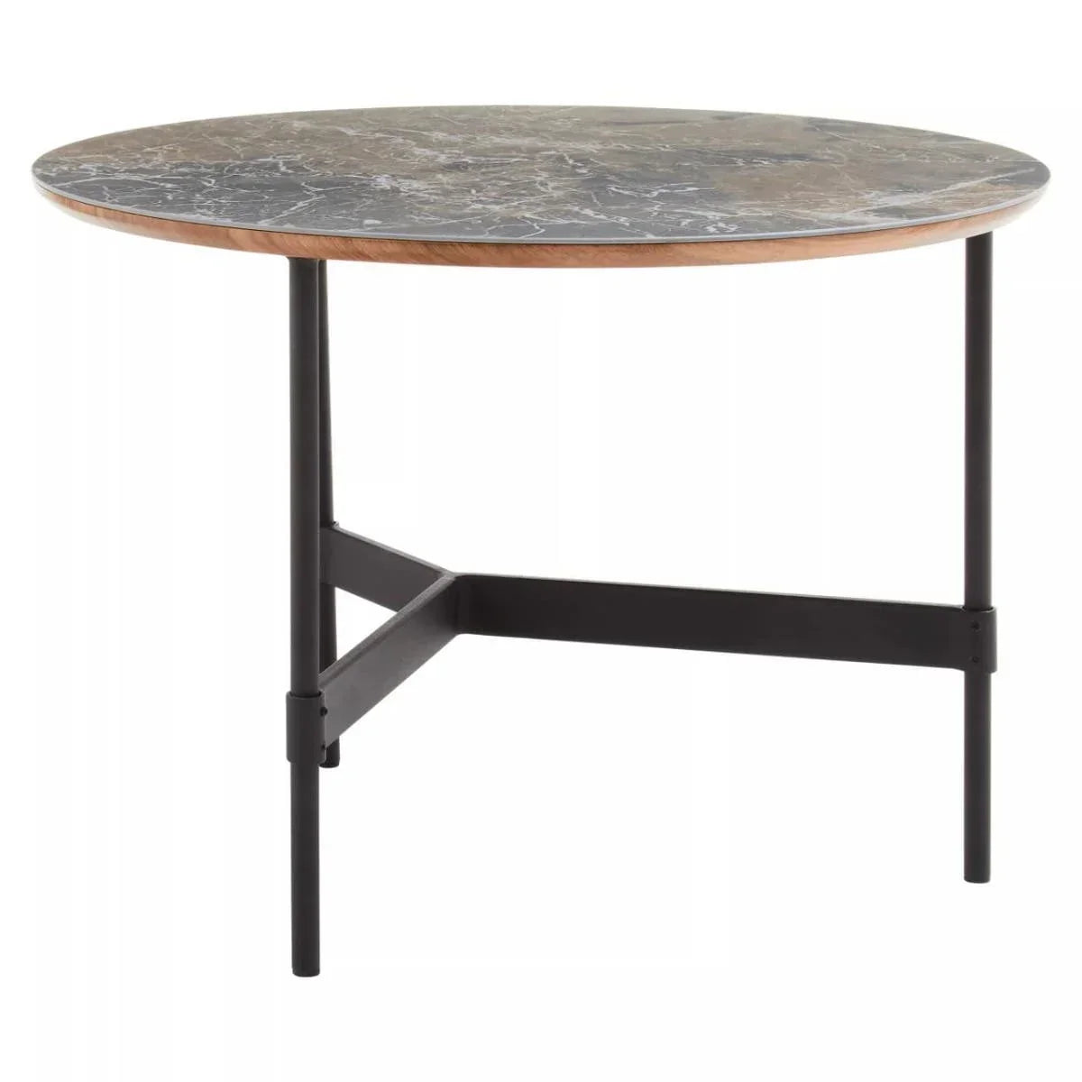 Round marble dining table with black metal legs and cross support