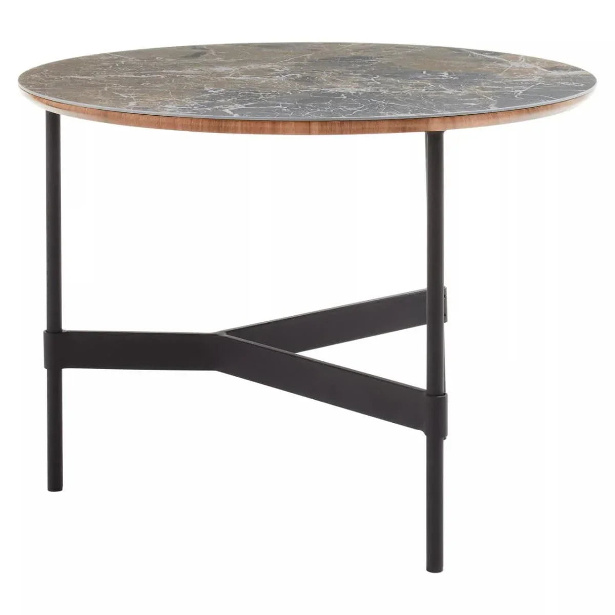 Round marble coffee table with black metal legs and crossbar base, modern design