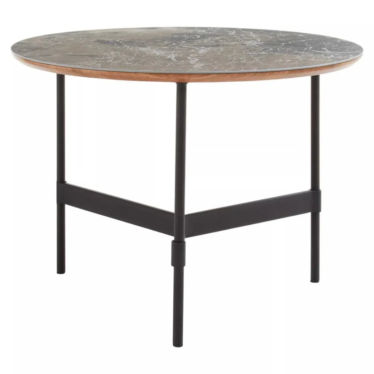 Round marble side table with black metal legs and minimalist frame