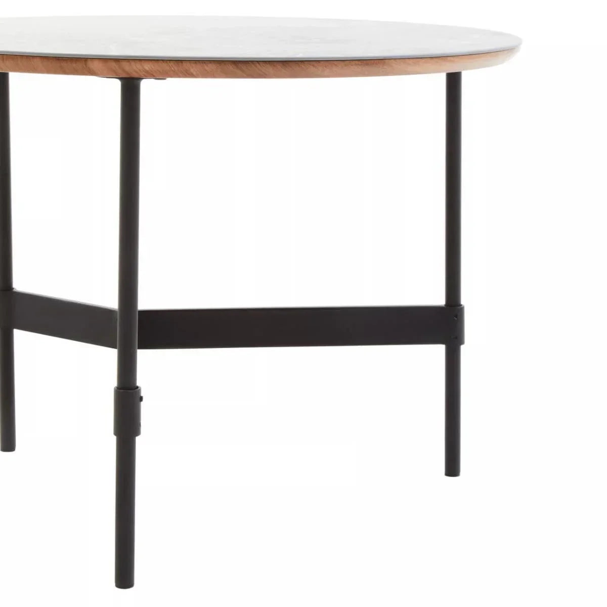 Round side table with wooden top and black metal legs, partial close-up view