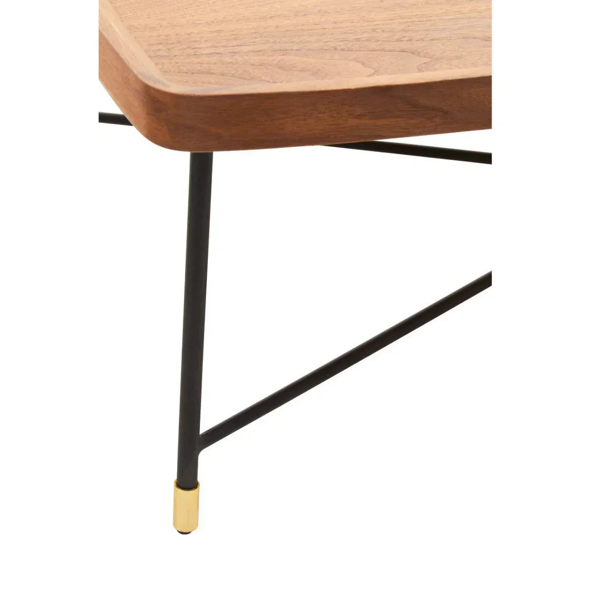Walnut coffee table corner with black metal leg and gold foot detail