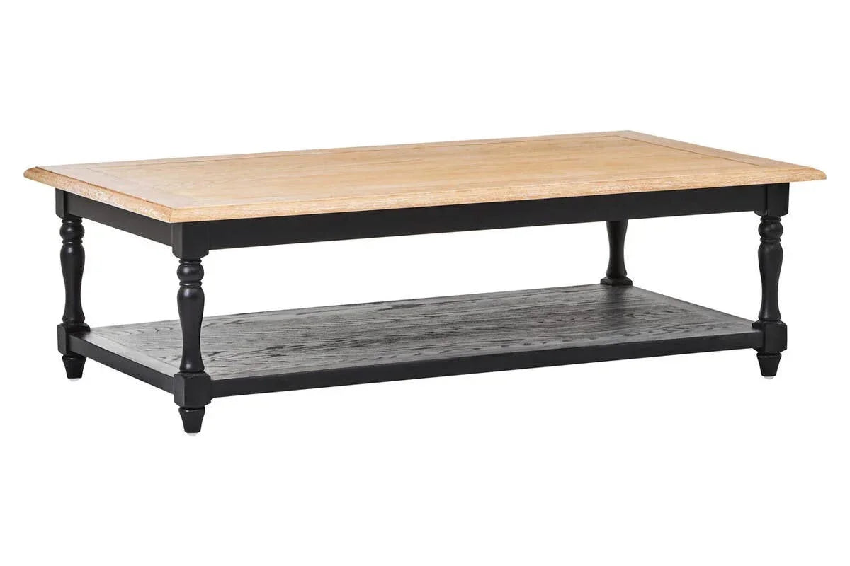 Rectangular wooden coffee table with natural top, black legs, and lower shelf for storage