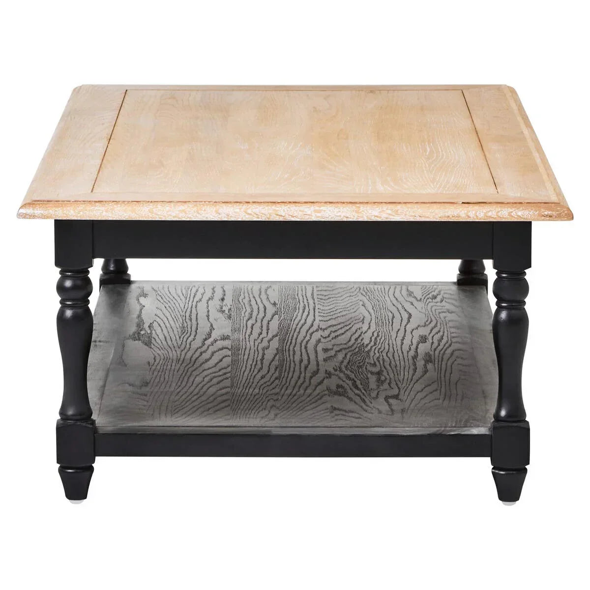 Wood coffee table with light oak top, black turned legs and lower shelf, front view