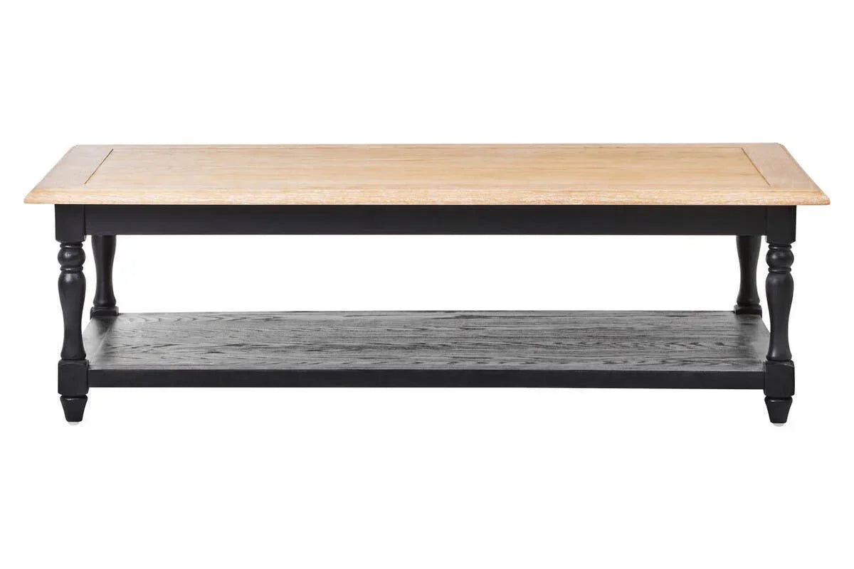 Rectangular wooden coffee table with black legs and lower shelf, natural wood top