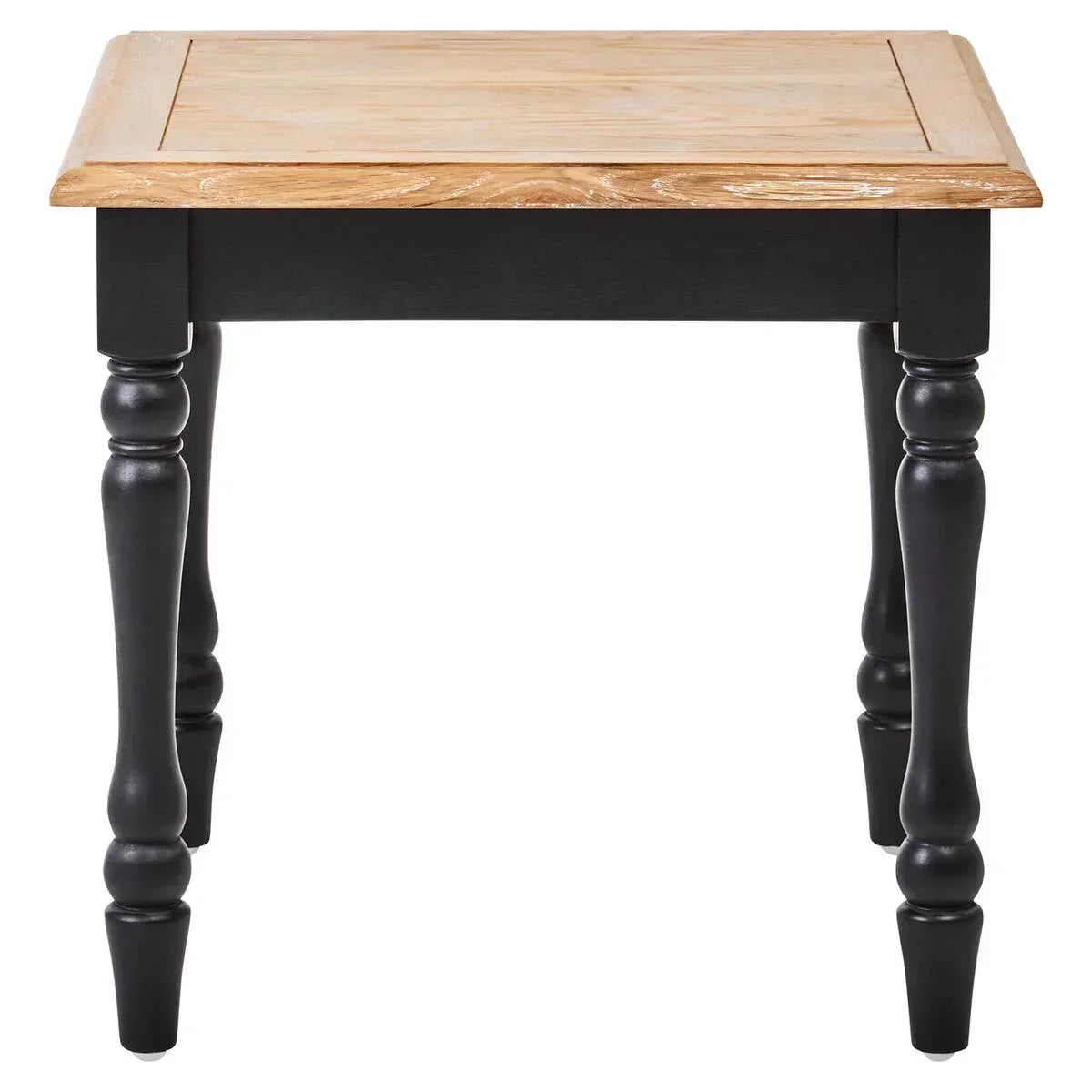 Square wooden side table with natural oak top and black turned legs, front angle view