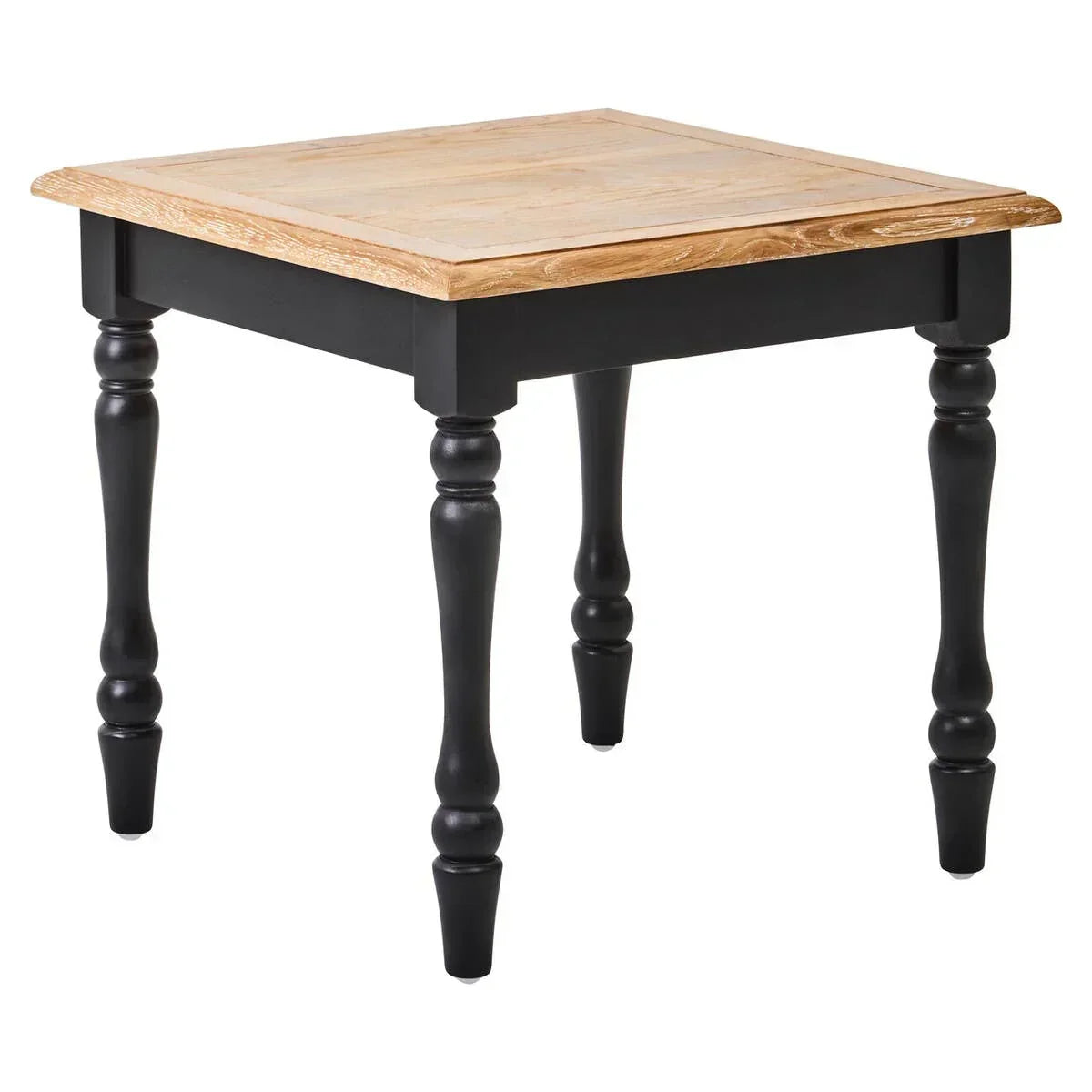 Wooden side table with natural finish top and black turned legs on white background