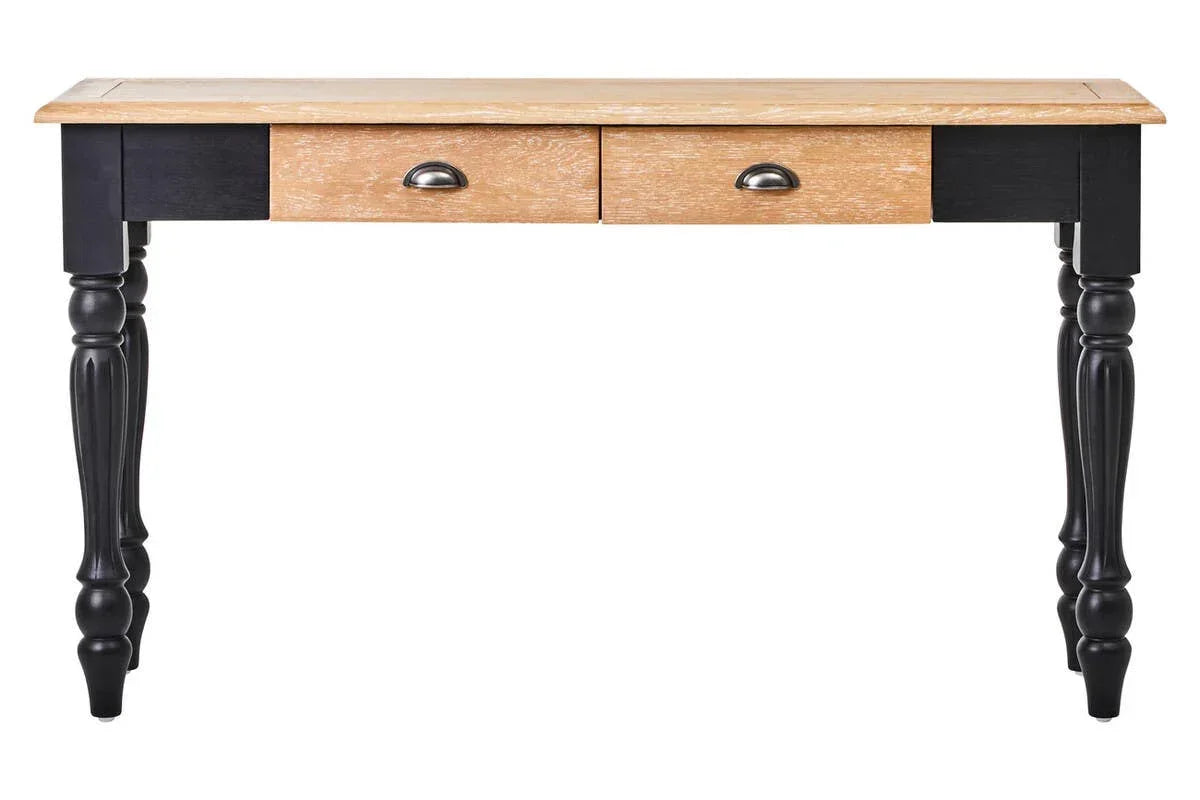 Wooden console table with black turned legs and two drawers with metal handles
