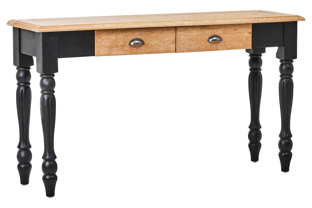 Wood console table with black turned legs and two drawers featuring metal cup handles