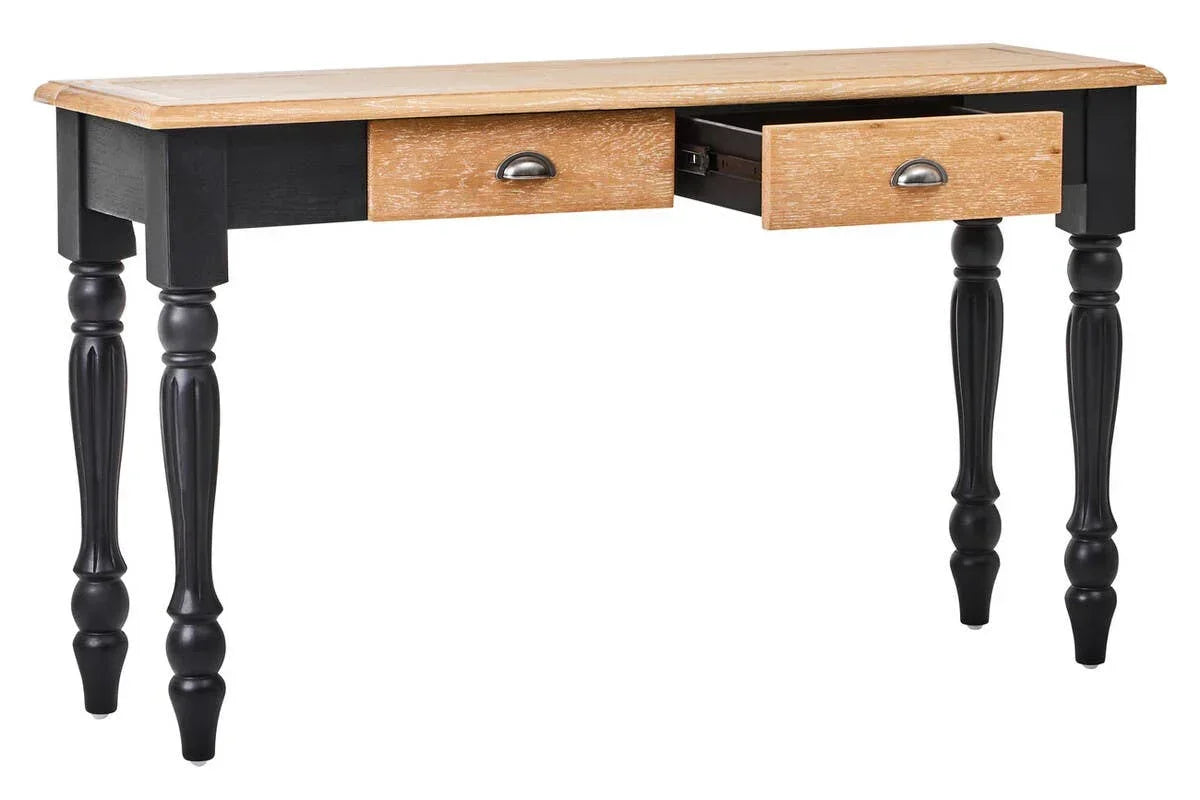 Wooden console table with black legs and two open drawers, natural oak finish