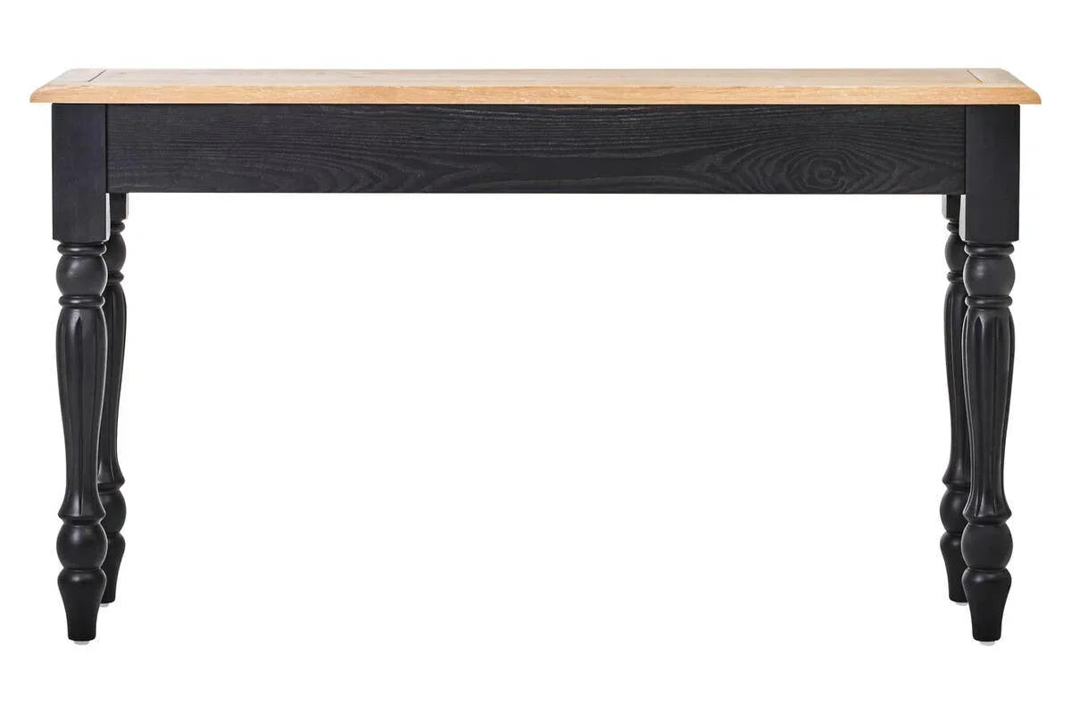 Black wood console table with natural oak top and turned legs, front view