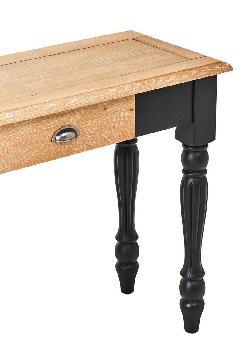 Oak console table with black painted turned legs and metal drawer handle