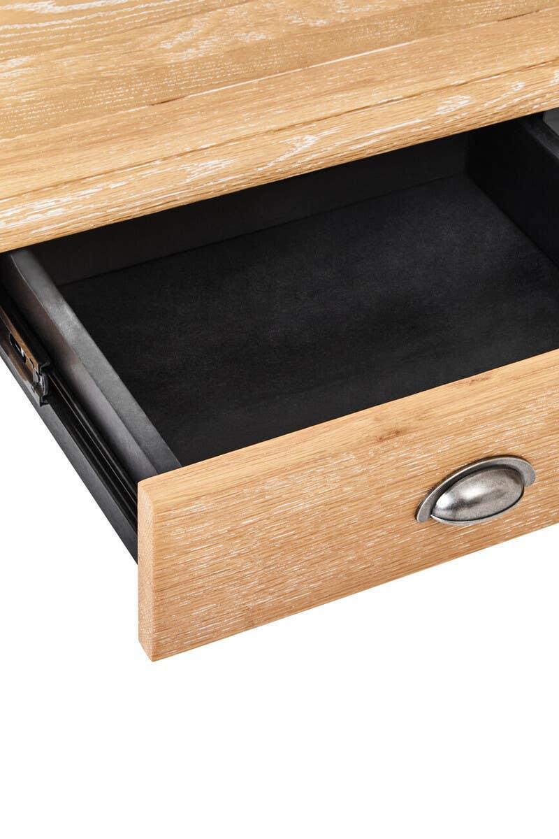 Oak wood drawer with metal handle and black interior lining