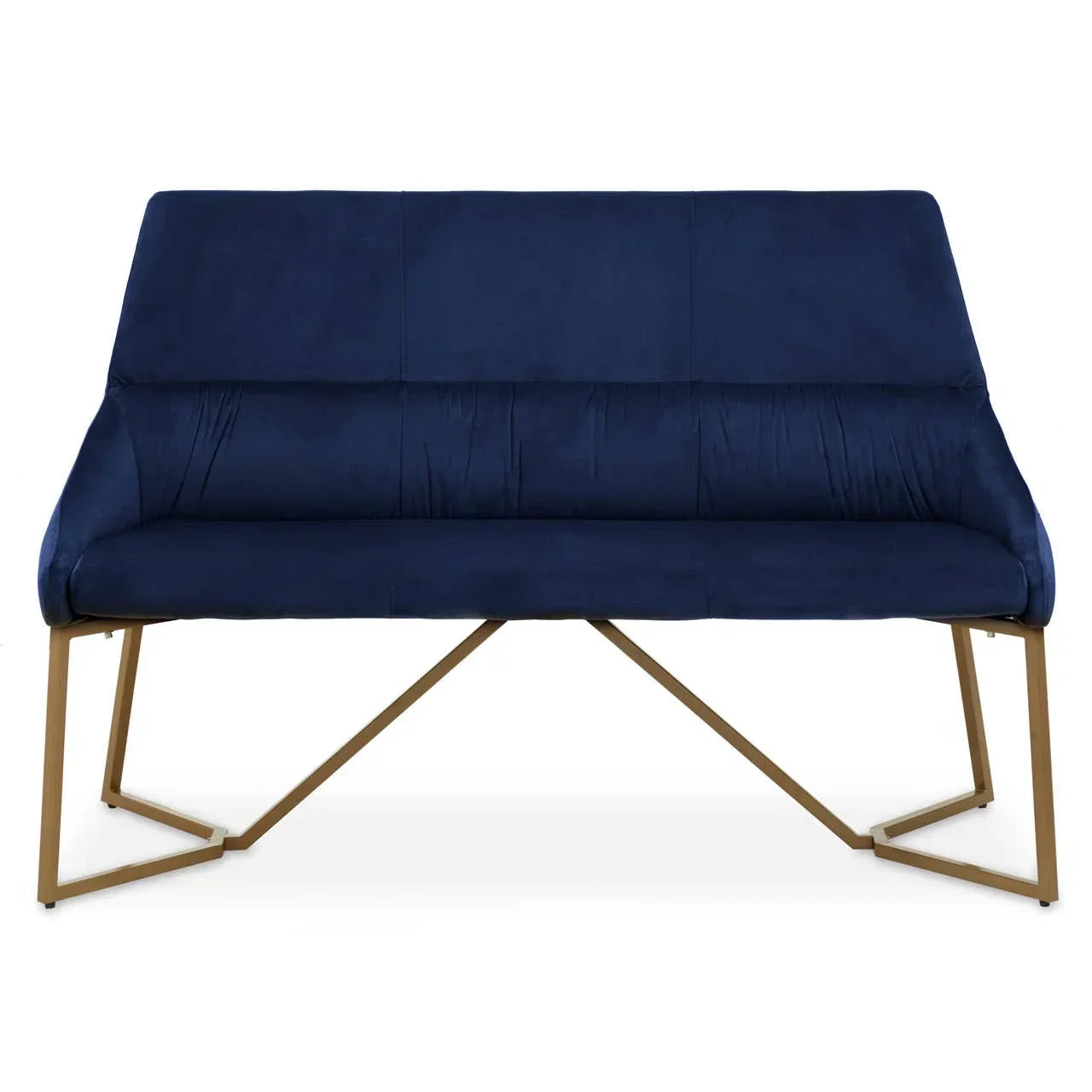 Navy blue velvet sofa with gold metal frame and modern angled base, front view