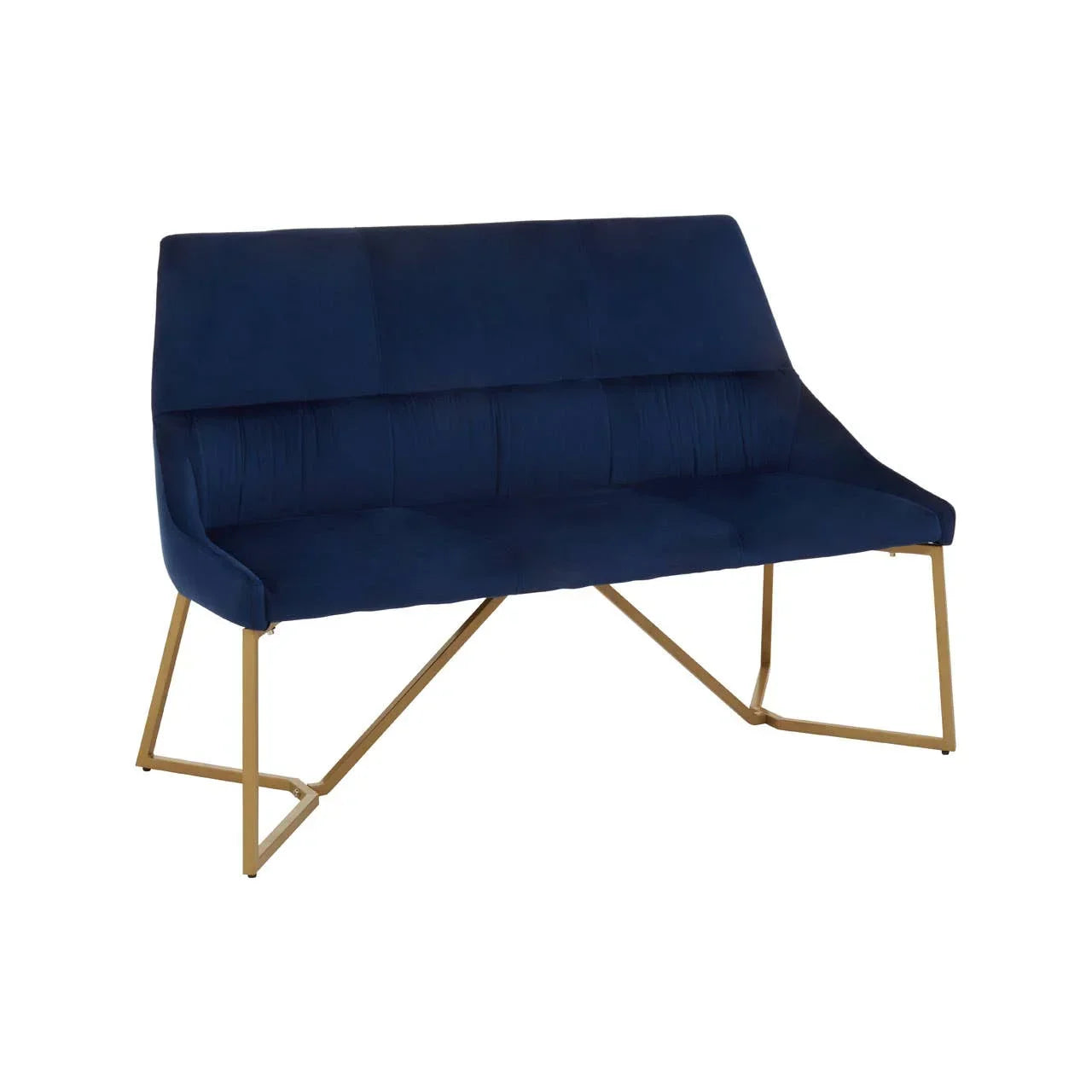 Navy blue velvet sofa with gold metal legs and angled backrest, modern minimalist design