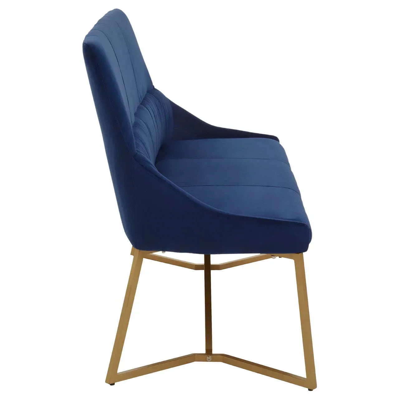 Side view navy velvet dining chair with gold metal legs and stitched backrest