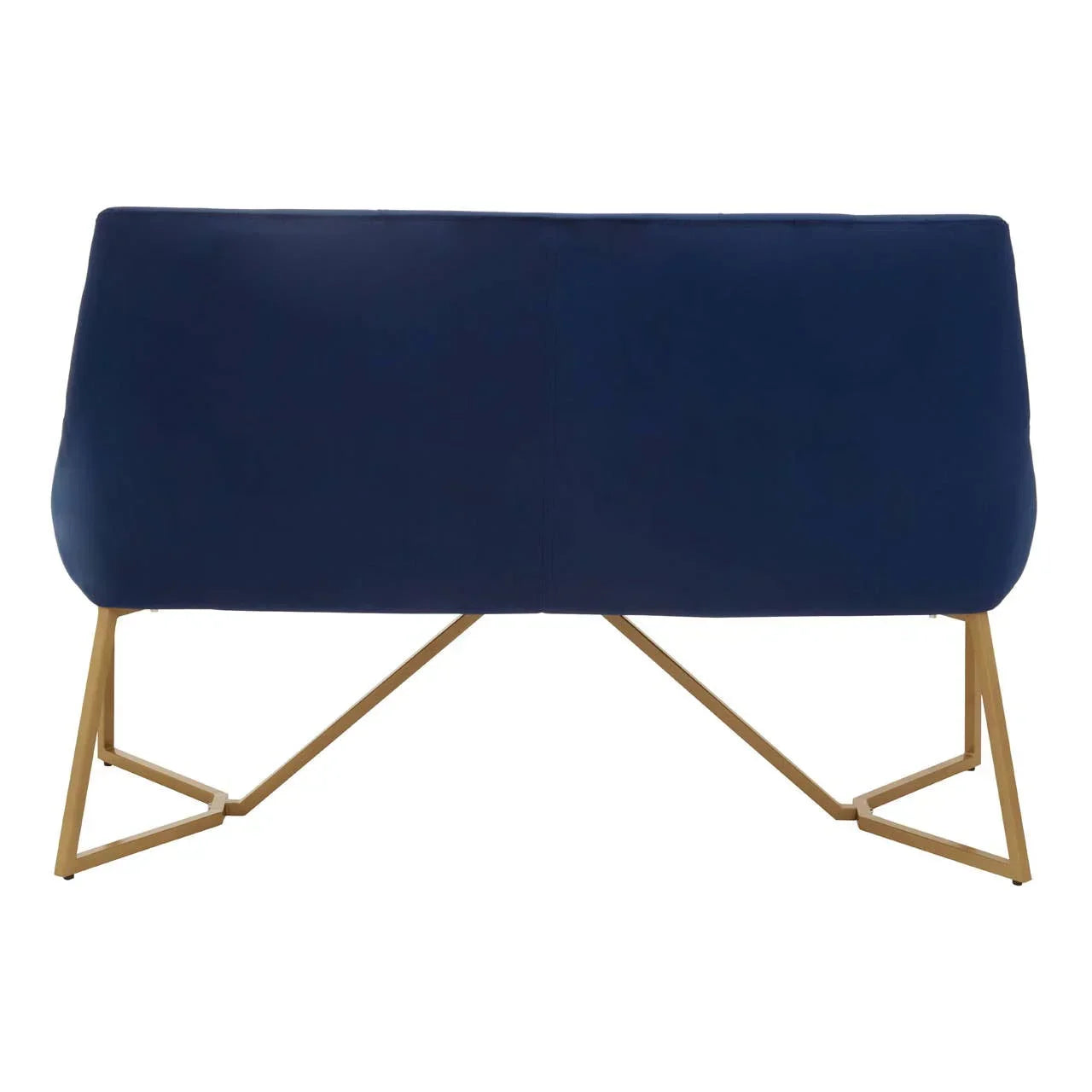 Back view of blue velvet sofa with gold metal legs and modern geometric base