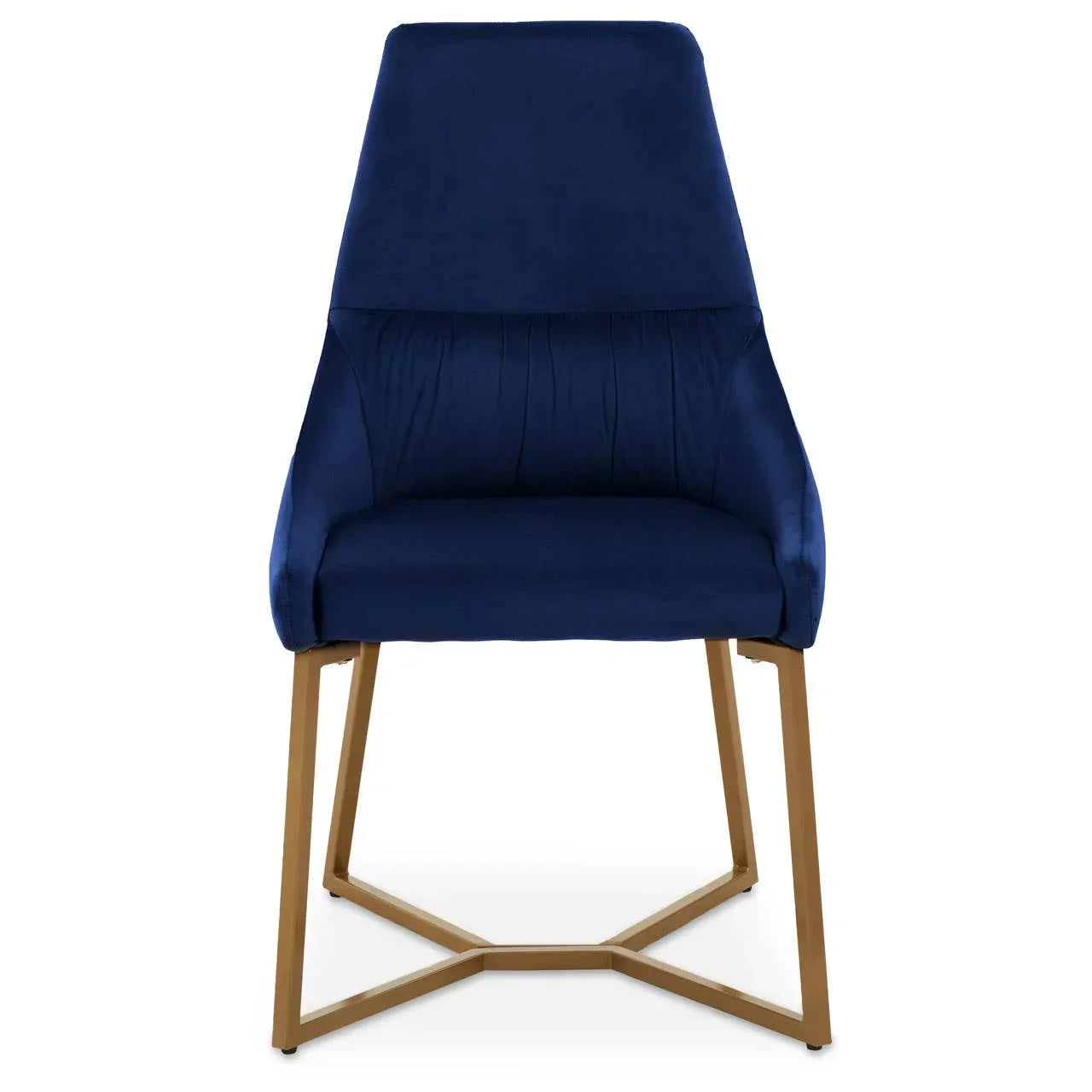 Navy blue velvet dining chair with gold metal legs, front view