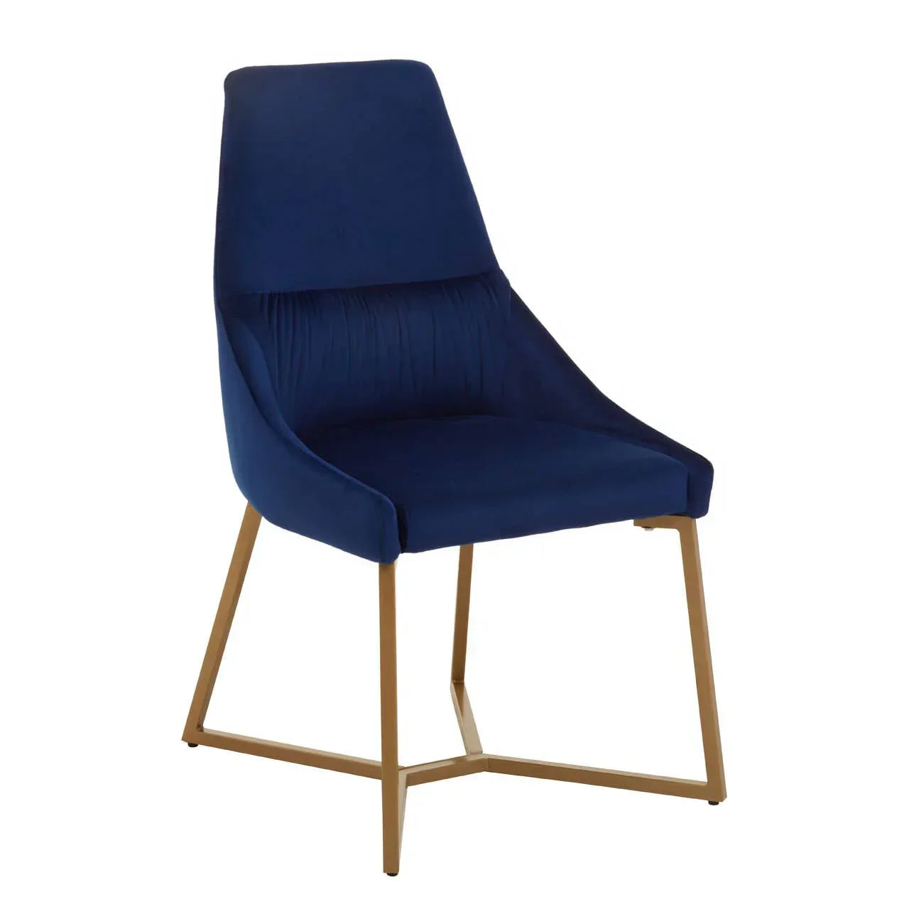 Blue velvet dining chair with gold metal legs and high backrest, angled front view