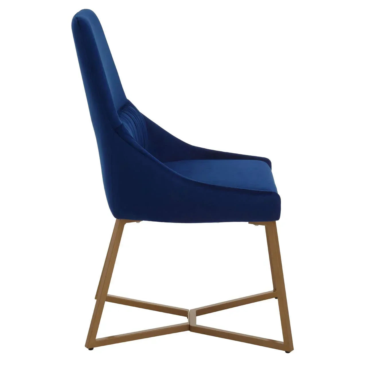 Blue velvet accent chair with gold metal frame, side profile view