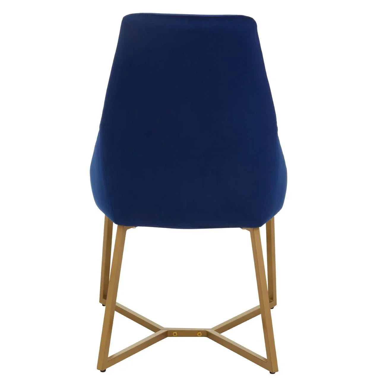 Back view of blue velvet dining chair with gold metal legs