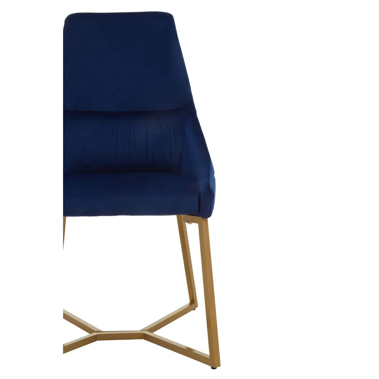 Blue velvet dining chair with gold metal legs, front angle view