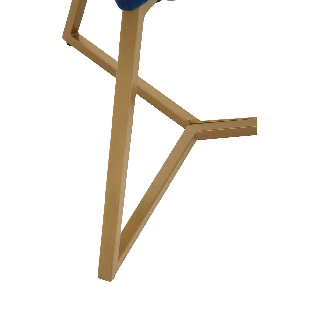 Gold metal chair leg with modern geometric design and blue upholstery edge visible