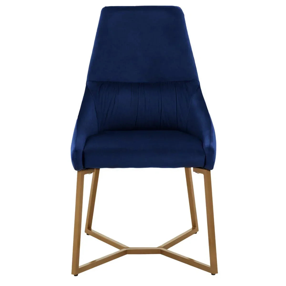 Blue velvet dining chair with gold metal legs, front view
