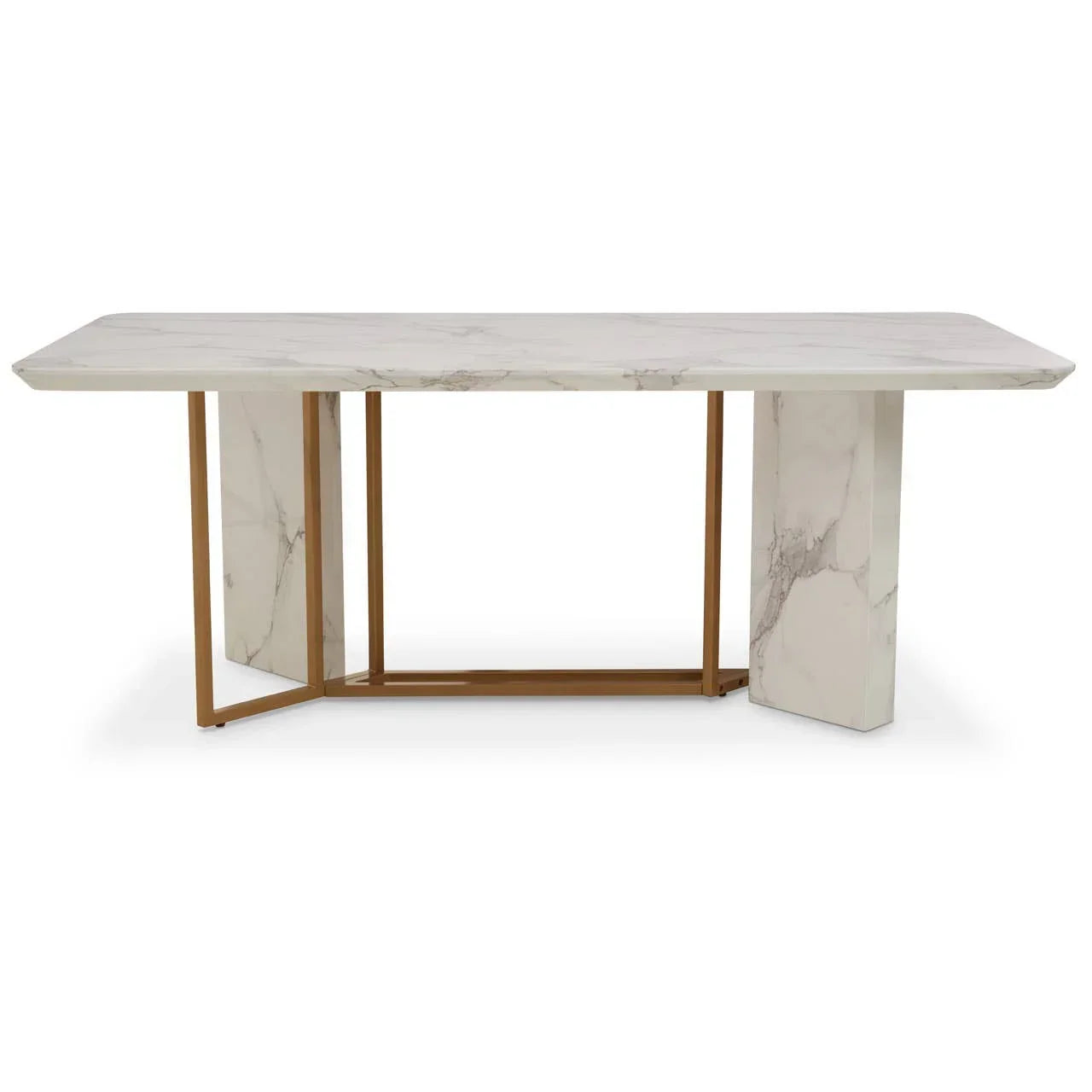 Modern marble dining table with gold metal base and rectangular top