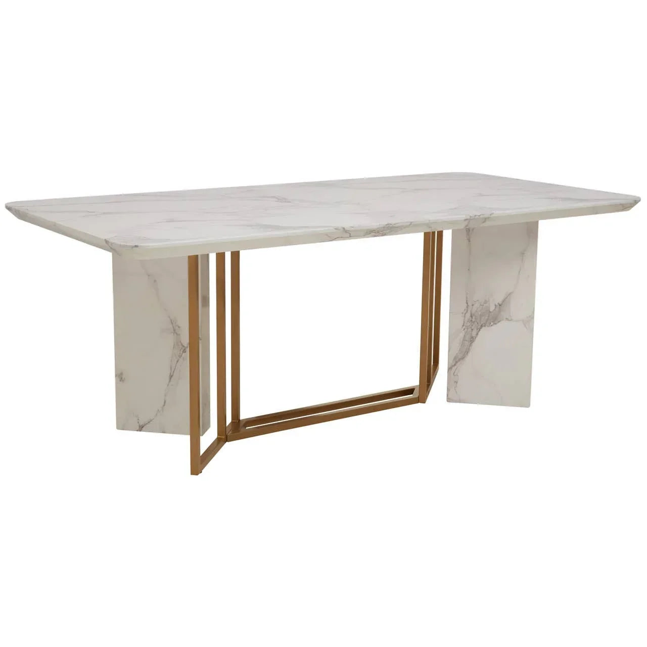 Rectangular marble dining table with gold metal base and white marble effect top