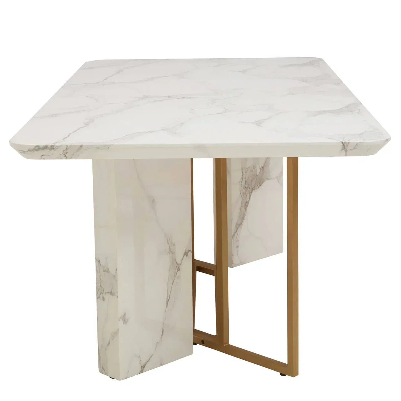 Rectangular marble dining table with white veined top and gold metal base