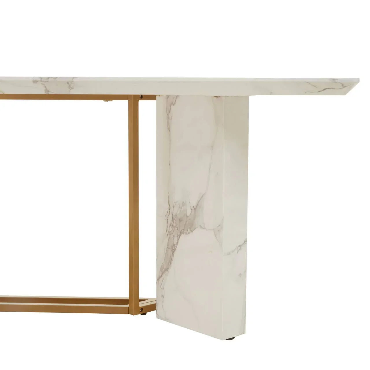 White marble dining table with gold metal frame, close-up of corner and base detail