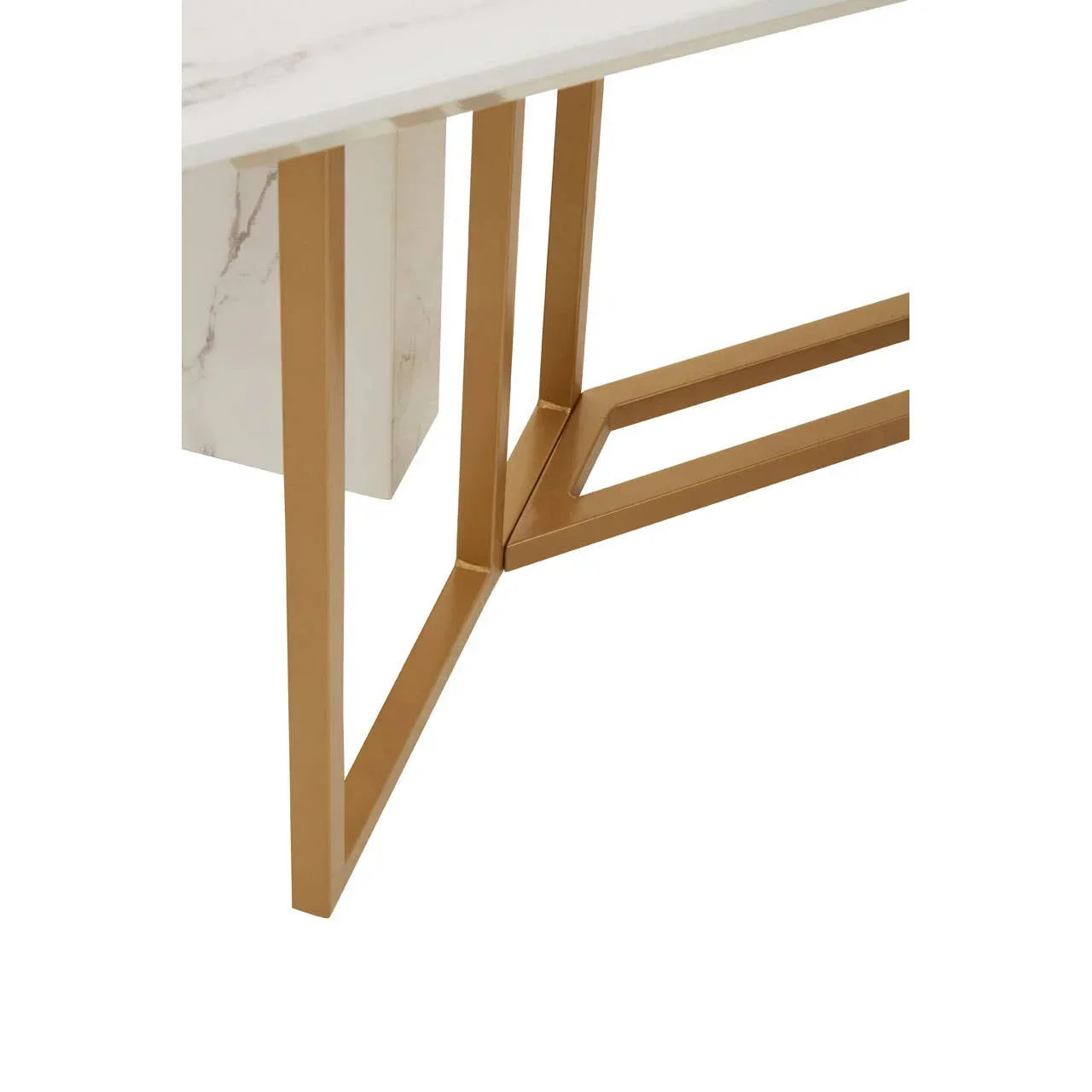 Gold metal table legs with marble effect tabletop, modern dining table corner view